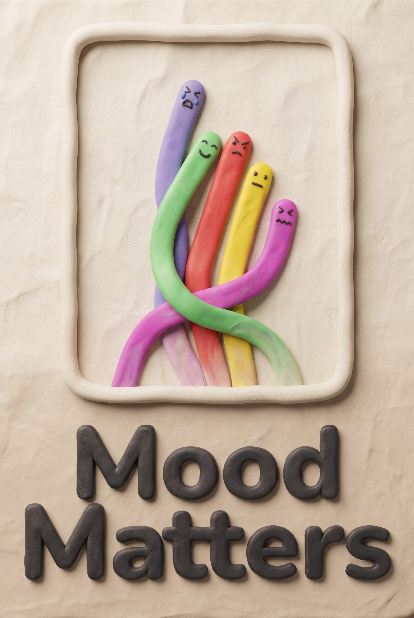 ภาพปั้นดิน “Mood Matters” มีตัวละครห้าตัวหลากสี แต่ละตัวสีหน้าไม่เหมือนกัน
